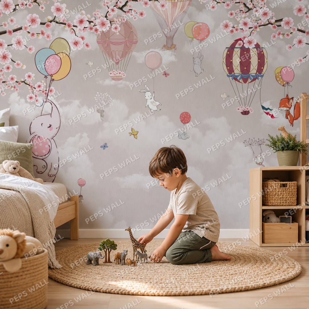 Animals in the Sky kids room wallpaper - custom mural printed and installed in Dubai