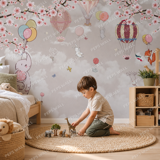 Animals in the Sky kids room wallpaper - custom mural printed and installed in Dubai