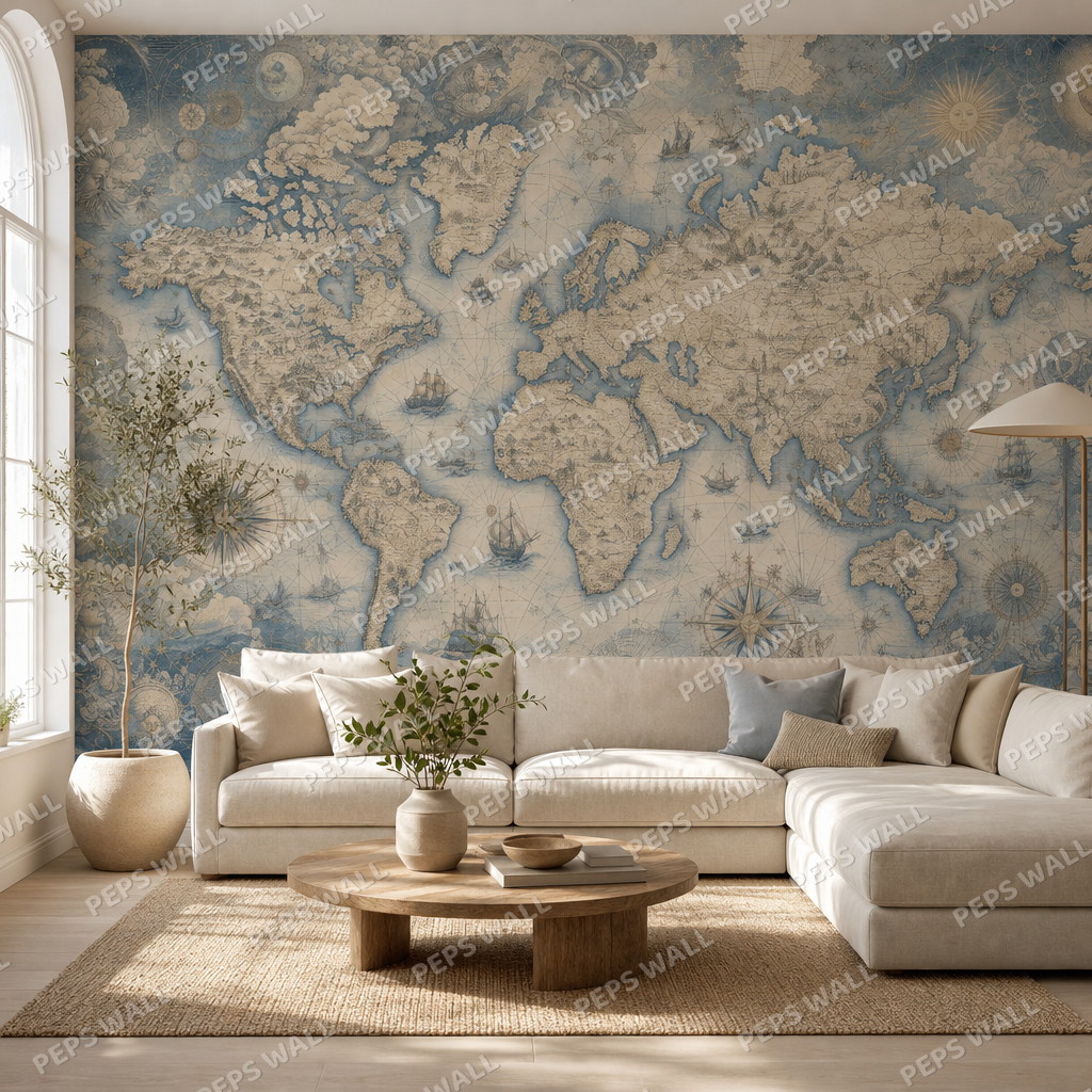 Old World in Blue wallpaper in a Dubai living room - Peps Wall