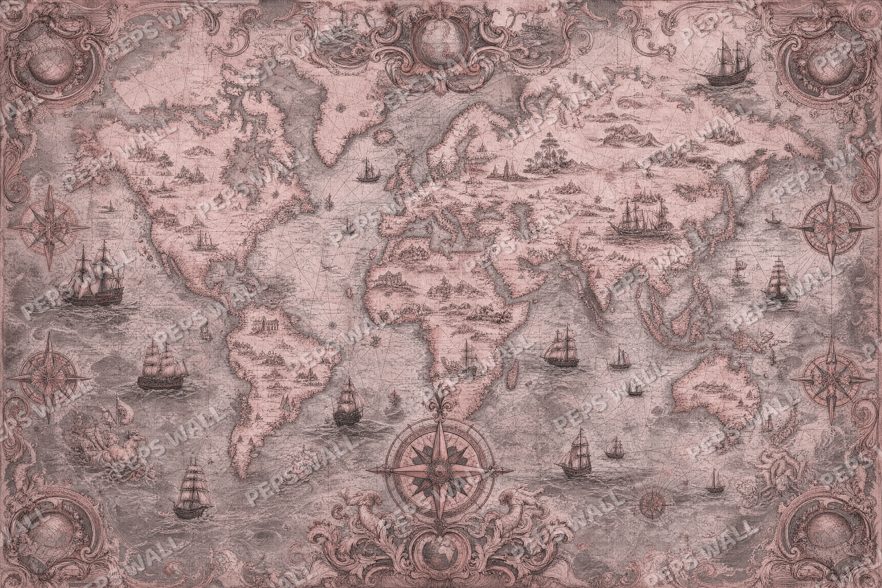 Antique World Map in Blush Sand - made-to-measure wall mural design by Peps Wall Dubai