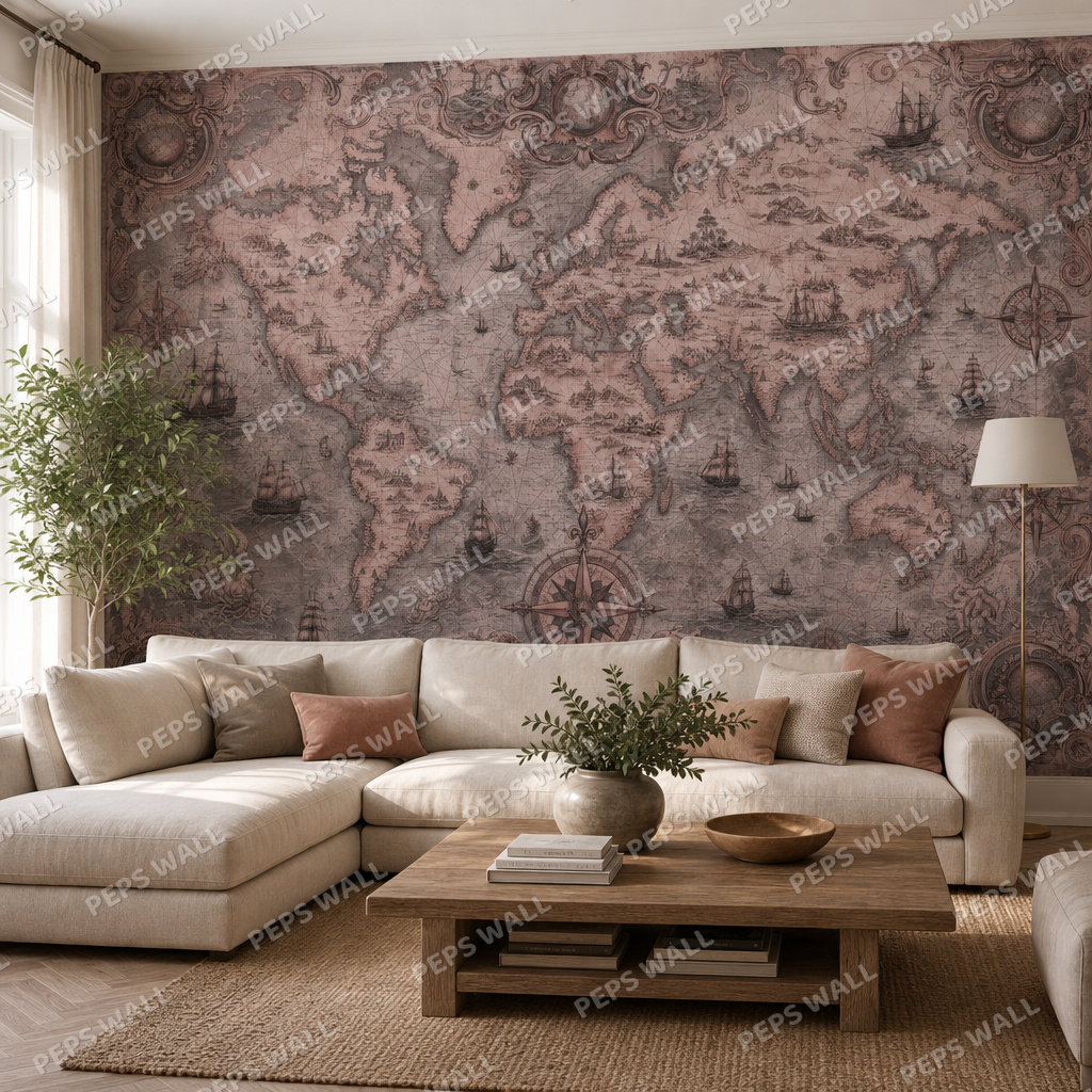 Antique World Map in Blush Sand wallpaper in a Dubai living room - Peps Wall