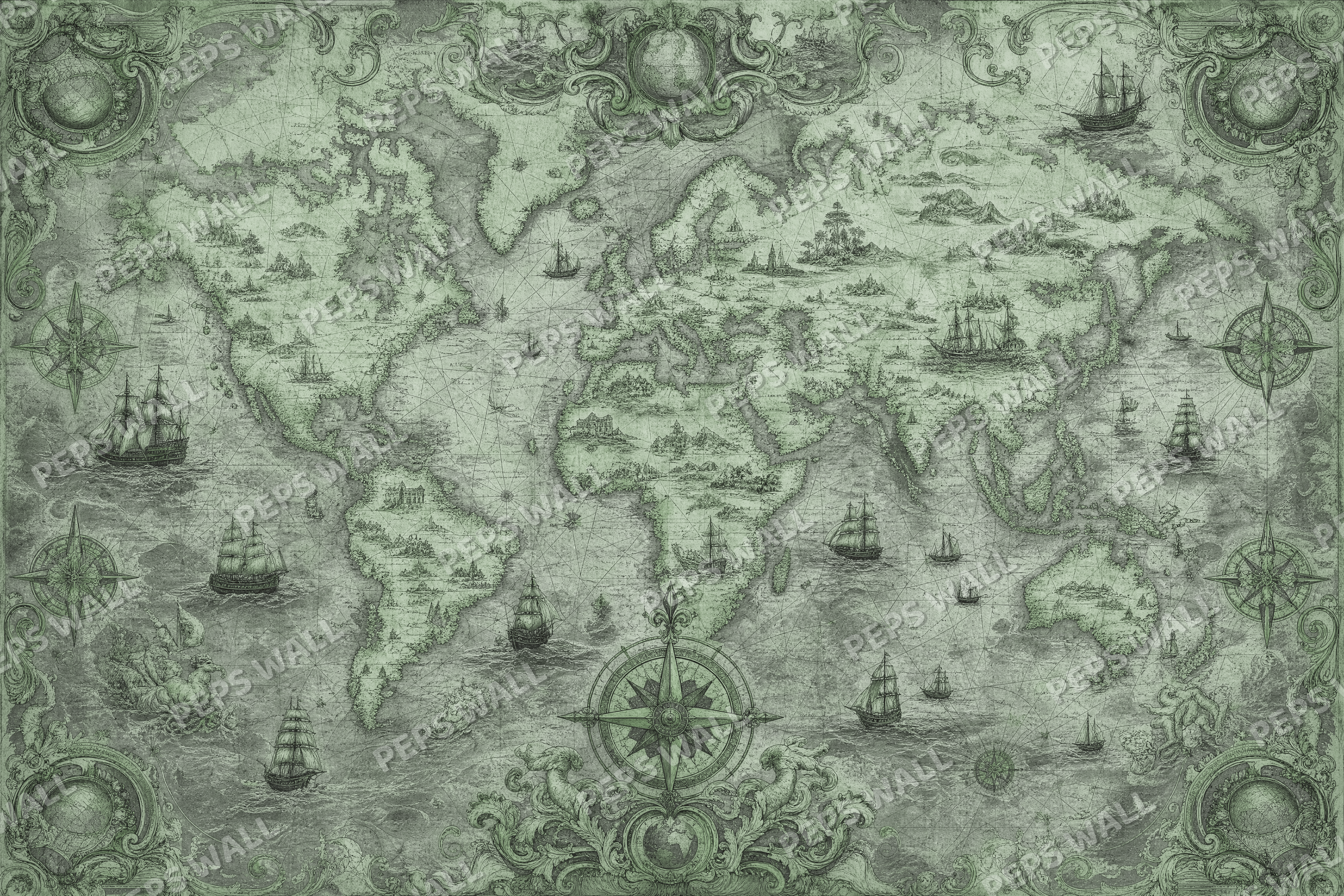 Antique World Map in Sage - made-to-measure wall mural design by Peps Wall Dubai