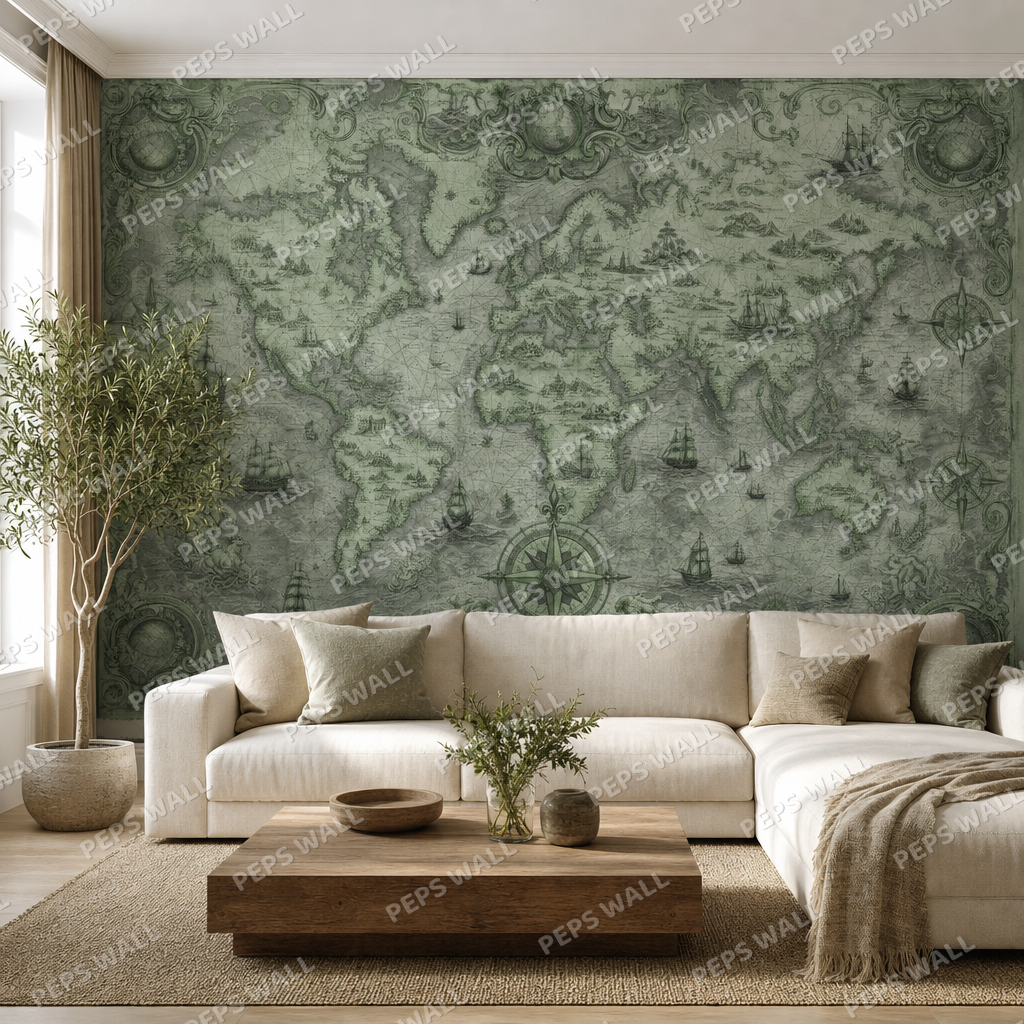 Antique World Map in Sage wallpaper in a Dubai living room - Peps Wall