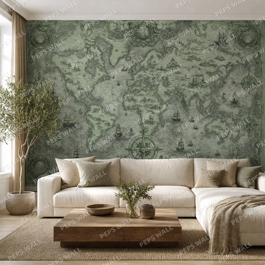 Antique World Map in Sage wallpaper in a Dubai living room - Peps Wall