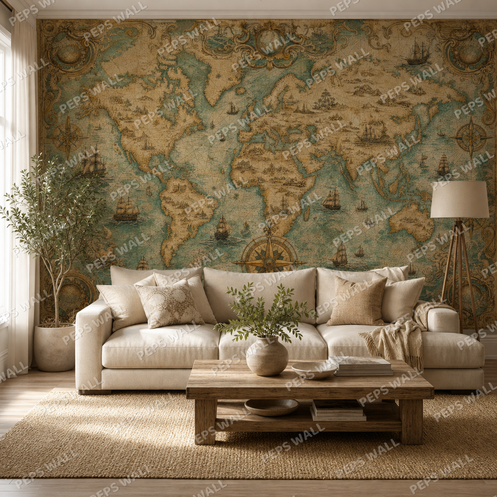 Antique World Map wallpaper in a Dubai living room - Peps Wall