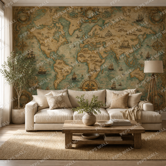 Antique World Map wallpaper in a Dubai living room - Peps Wall