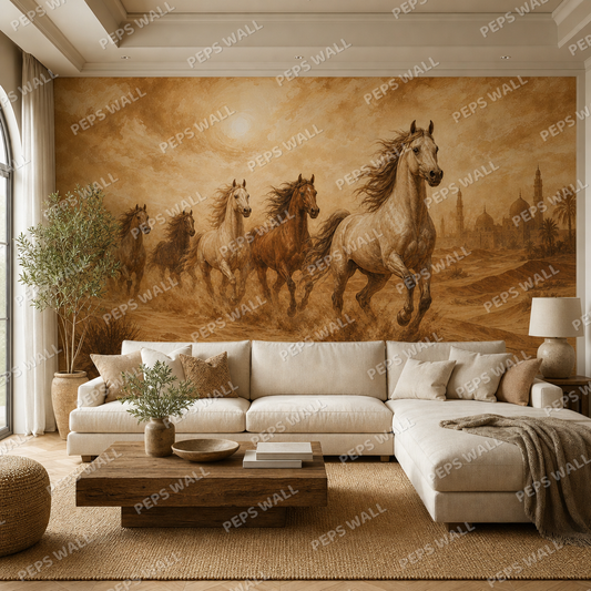 Arabian Horses wallpaper in a Dubai living room - Peps Wall