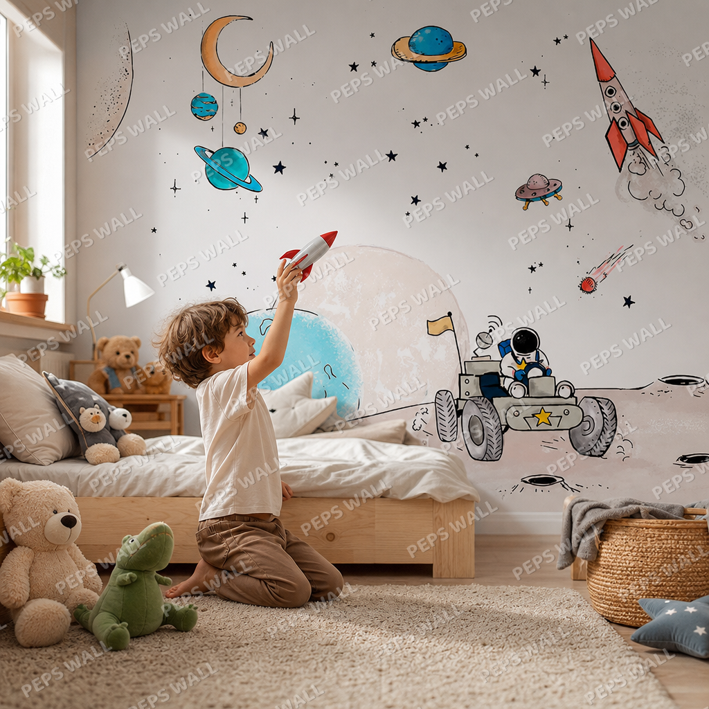 Astronaut Adventures kids room wallpaper - custom mural printed and installed in Dubai
