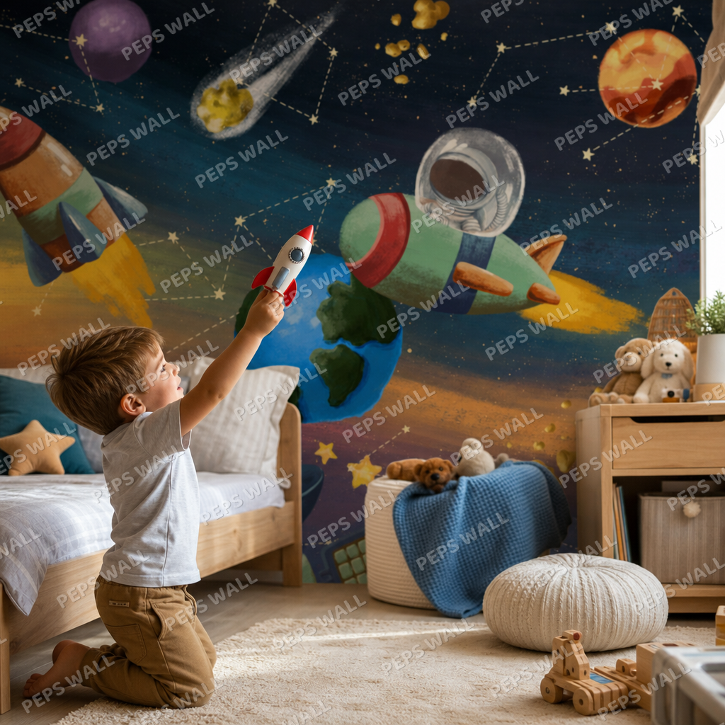 Astronaut colorful dream kids room wallpaper - custom mural printed and installed in Dubai