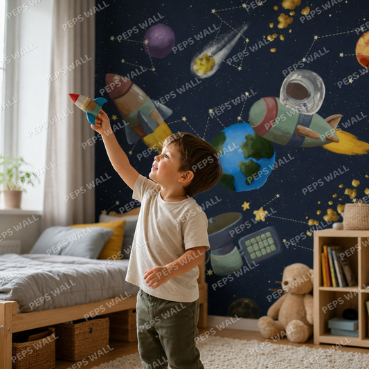 Astronaut dream kids room wallpaper - custom mural printed and installed in Dubai