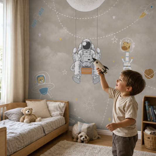 Astronauts & Clouds kids room wallpaper - custom mural printed and installed in Dubai