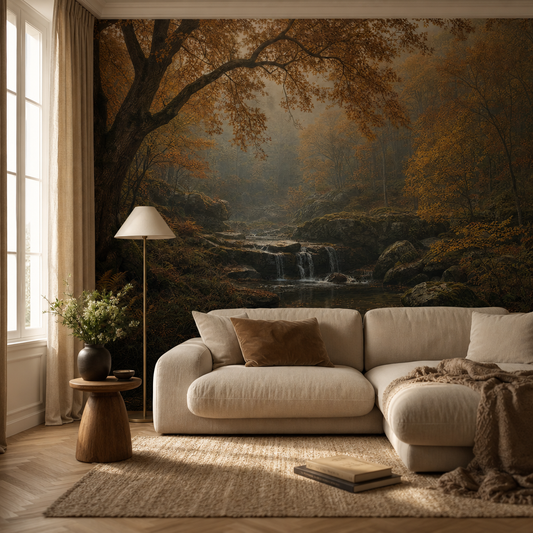 Autumn Amber living room wallpaper - custom mural printed and installed in Dubai