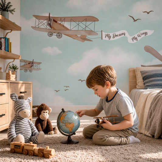 Aviation adventures kids room wallpaper - custom mural printed and installed in Dubai