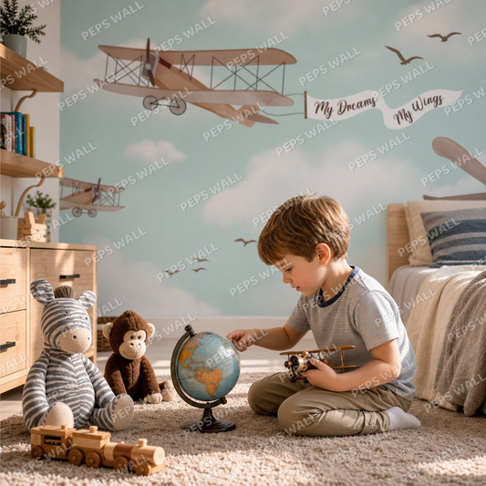 Aviation adventures kids room wallpaper - custom mural printed and installed in Dubai