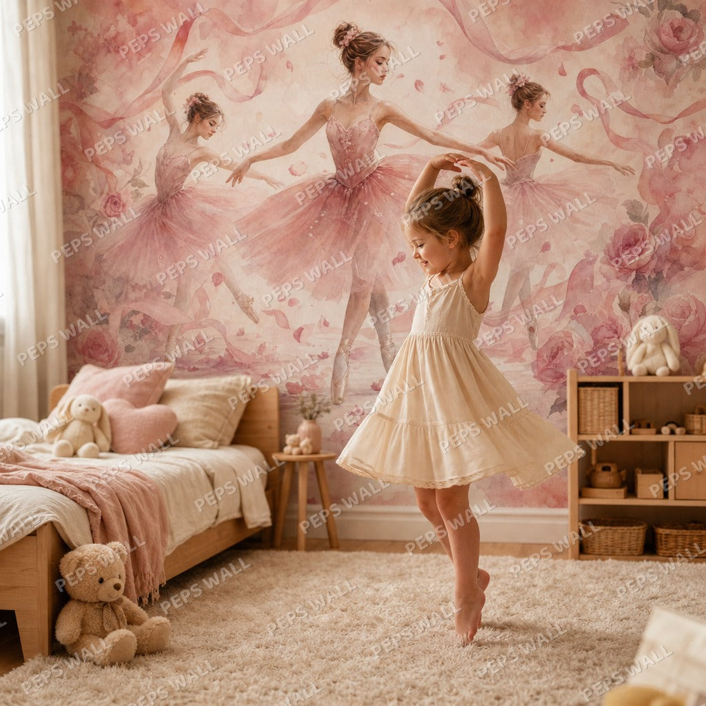 Ballerina Dreams - Blush wallpaper mural — kids room mockup