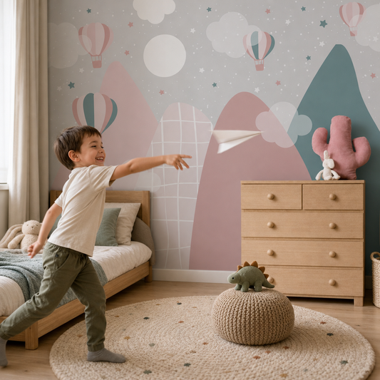 Ballooning Bliss kids room wallpaper - custom mural printed and installed in Dubai