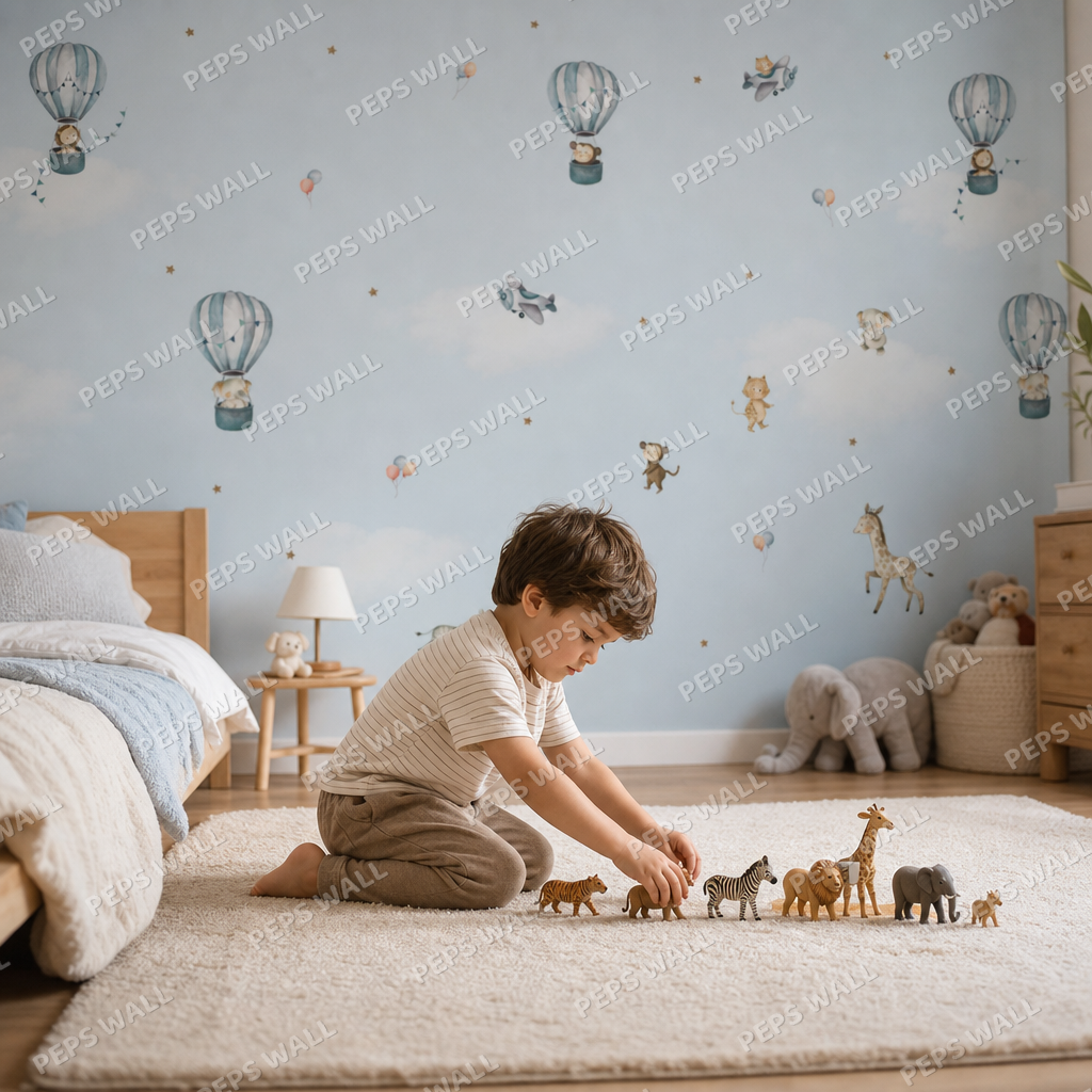 Balloons & Animals - Blue kids room wallpaper - custom mural printed and installed in Dubai