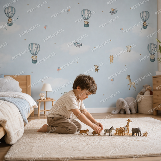 Balloons & Animals - Blue kids room wallpaper - custom mural printed and installed in Dubai