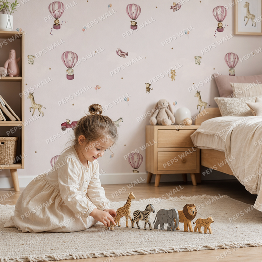Balloons & Animals - Pink kids room wallpaper - custom mural printed and installed in Dubai