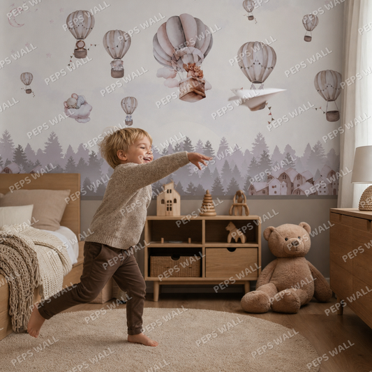 Balloons over a Forrest kids room wallpaper - custom mural printed and installed in Dubai