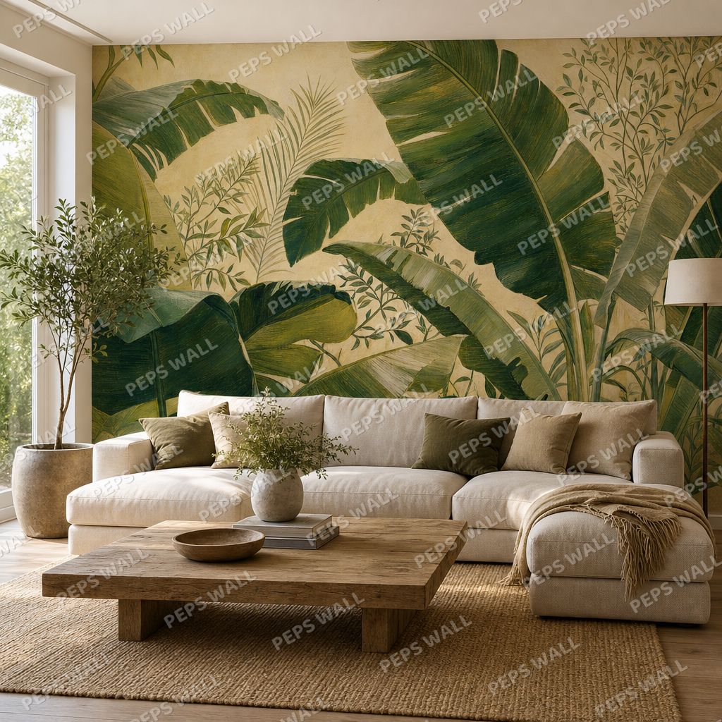 Banana Grove wallpaper in a Dubai living room - Peps Wall