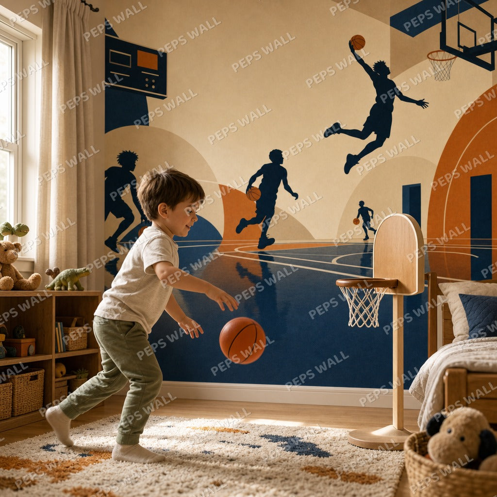 Basketball Court Stars - Minimalist Graphic wallpaper mural — kids room mockup