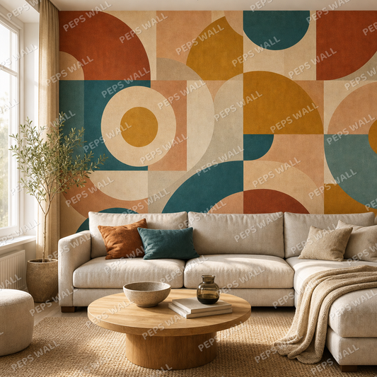 Soft Bauhaus wallpaper in a Dubai living room - Peps Wall