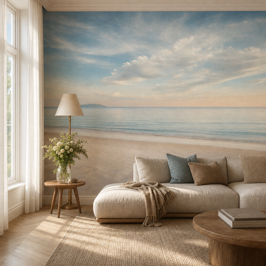 Beach Horizon living room wallpaper - custom mural printed and installed in Dubai
