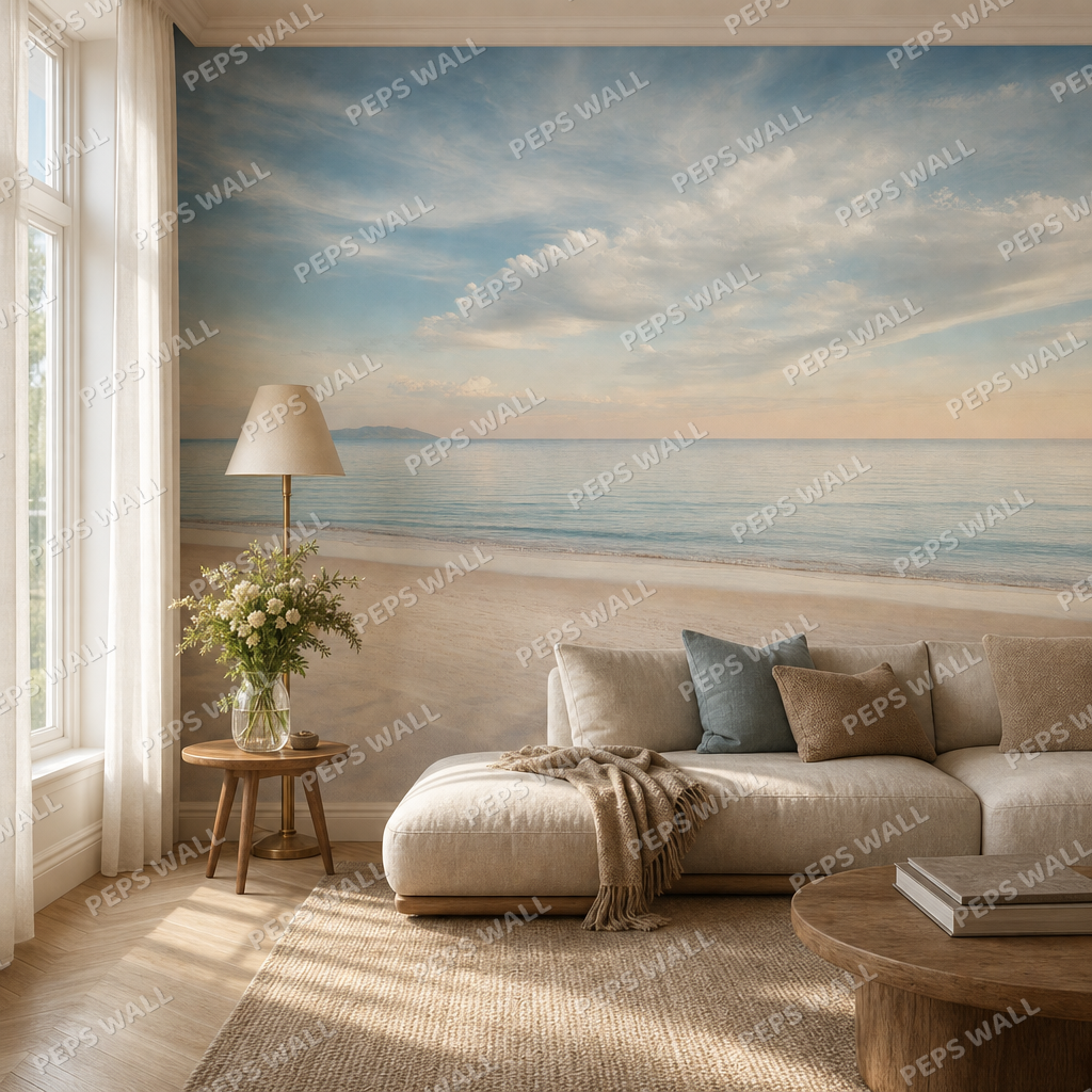 Beach Horizon living room wallpaper - custom mural printed and installed in Dubai