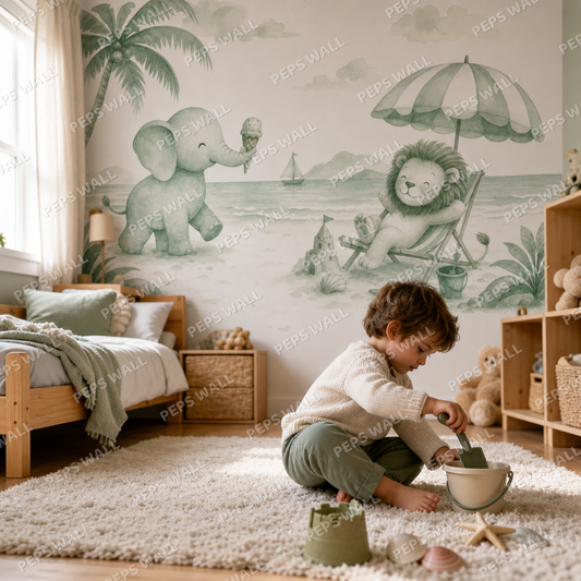 Beach Animal Party wallpaper in a Dubai kids bedroom - Peps Wall