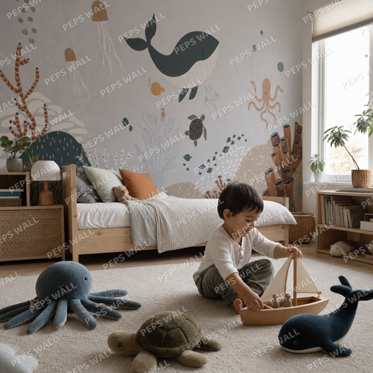 Big Whale kids room wallpaper - custom mural printed and installed in Dubai