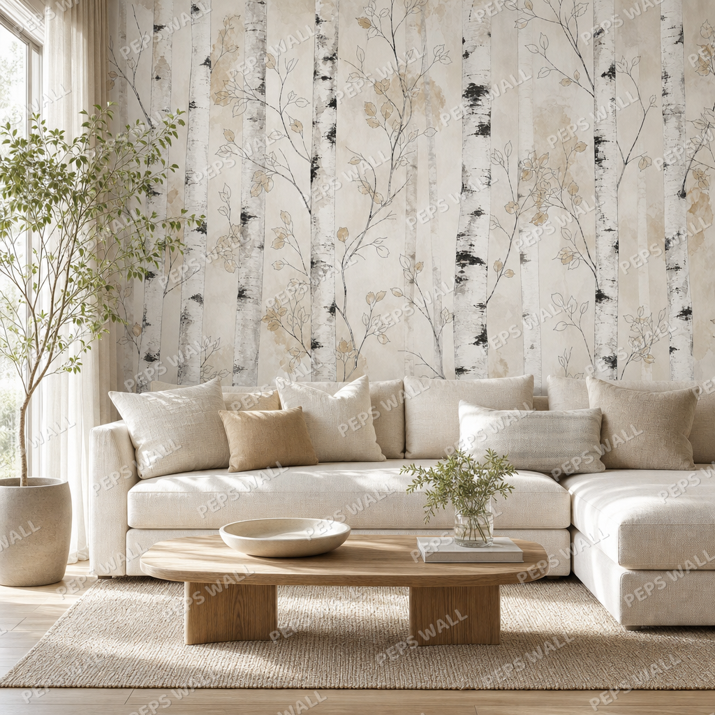 Birch Grove Lines wallpaper in a Dubai living room - Peps Wall