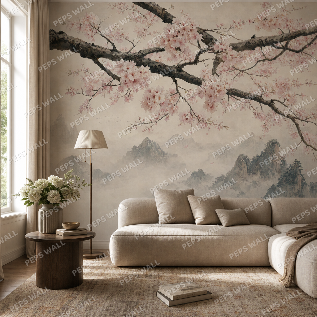 Blossom Branch living room wallpaper - custom mural printed and installed in Dubai