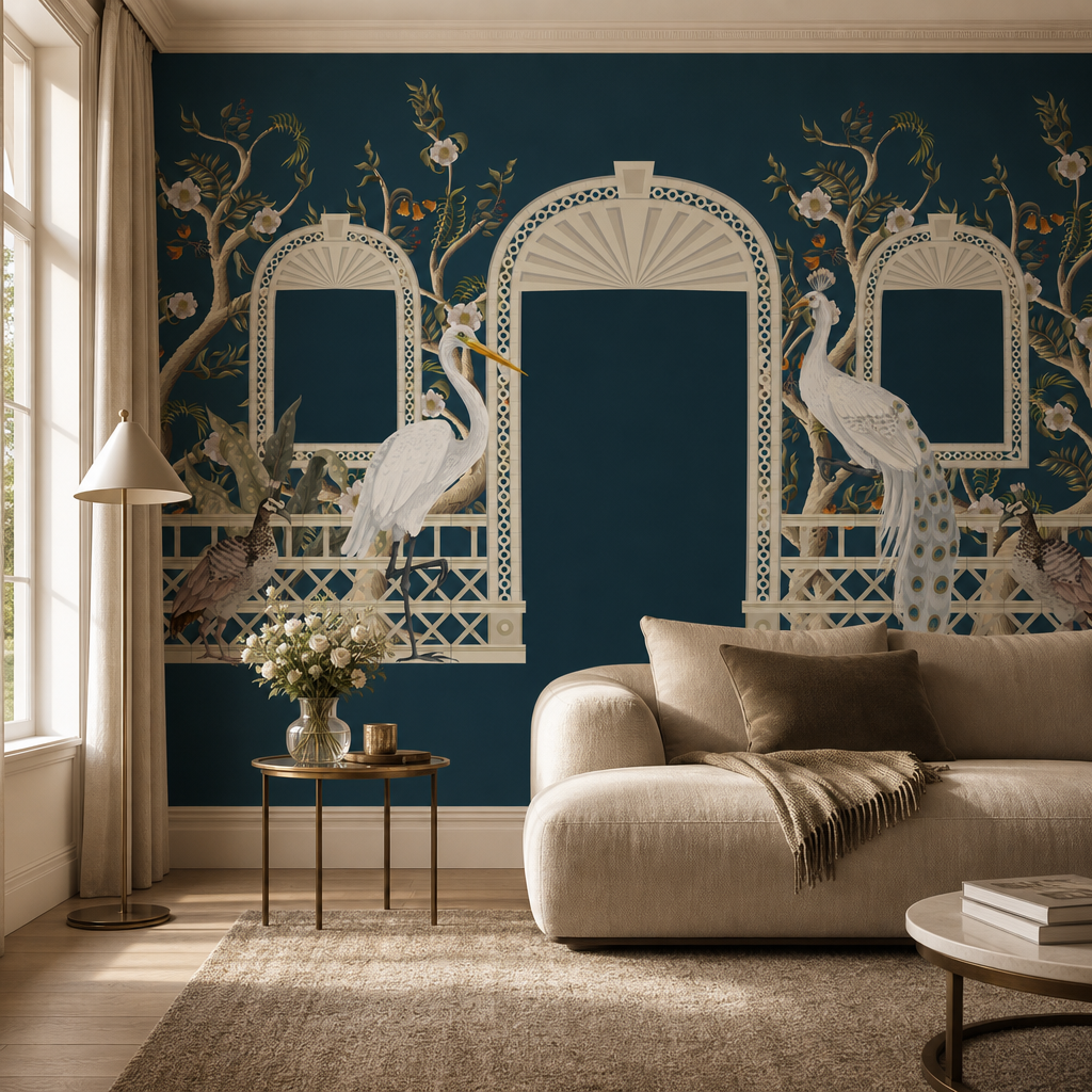 Blossom Garden living room wallpaper - custom mural printed and installed in Dubai