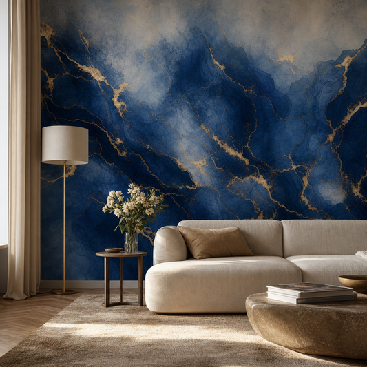 Blue and Gold Luxe living room wallpaper - custom mural printed and installed in Dubai