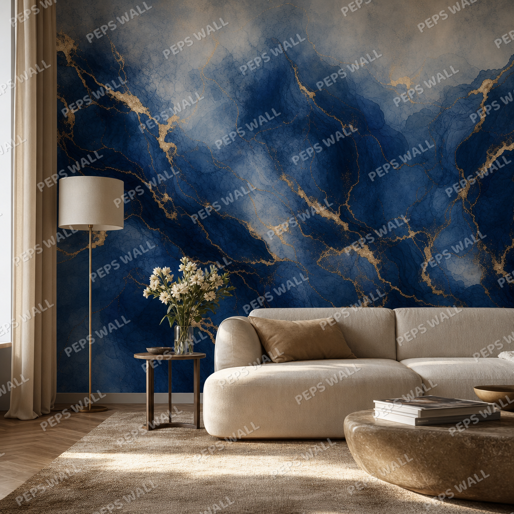 Blue and Gold Luxe living room wallpaper - custom mural printed and installed in Dubai