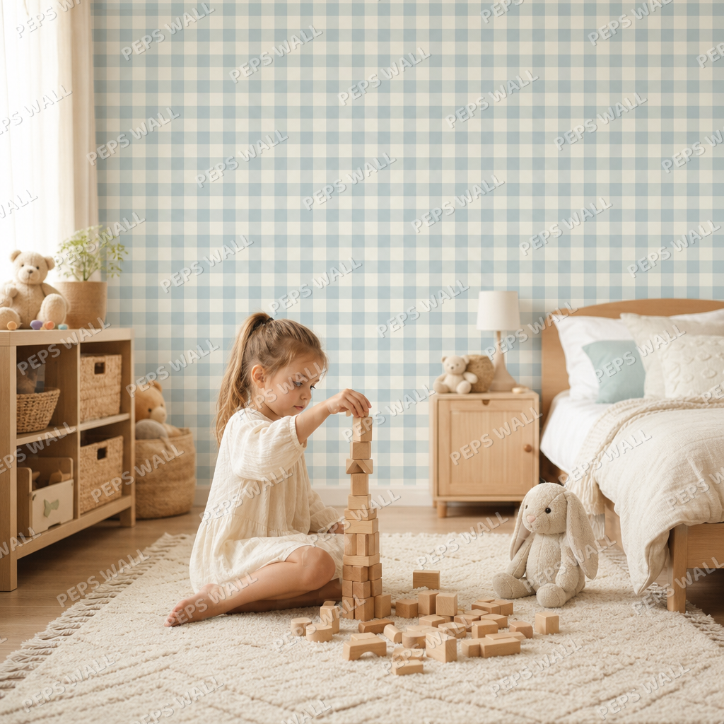 Blue Gingham kids room wallpaper - custom mural printed and installed in Dubai