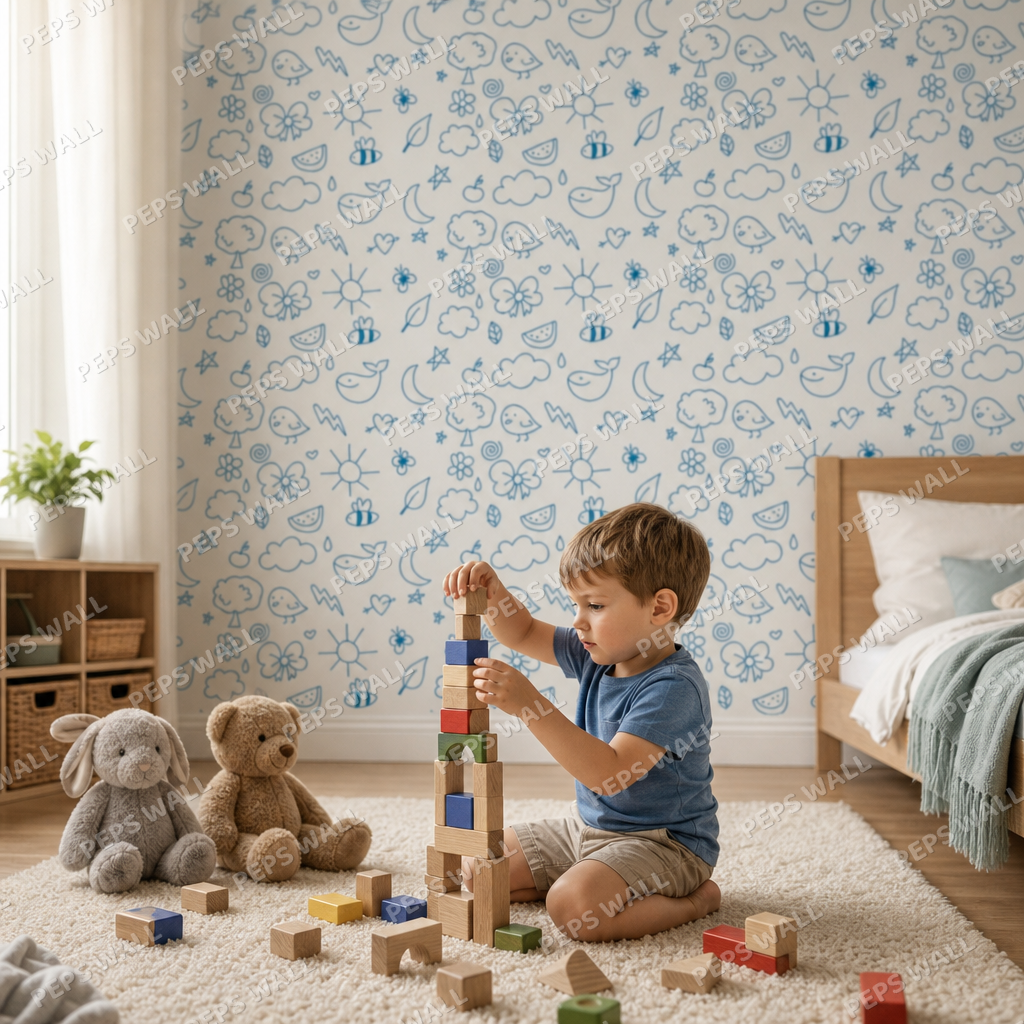 Blue graffitis kids room wallpaper - custom mural printed and installed in Dubai