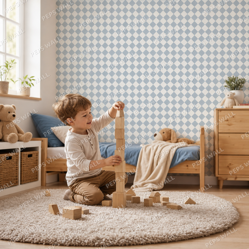 Blue Houndstooth kids room wallpaper - custom mural printed and installed in Dubai