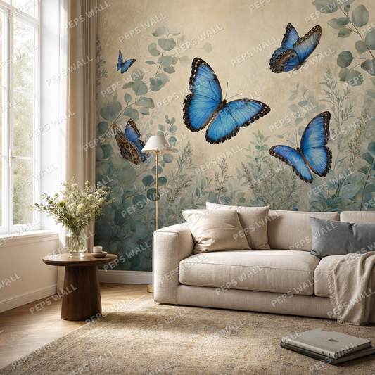 Blue Morpho living room wallpaper - custom mural printed and installed in Dubai