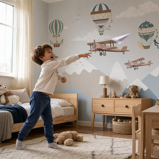 Blue Mountains & Balloons kids room wallpaper - custom mural printed and installed in Dubai