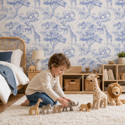 Blue Safari kids room wallpaper - custom mural printed and installed in Dubai