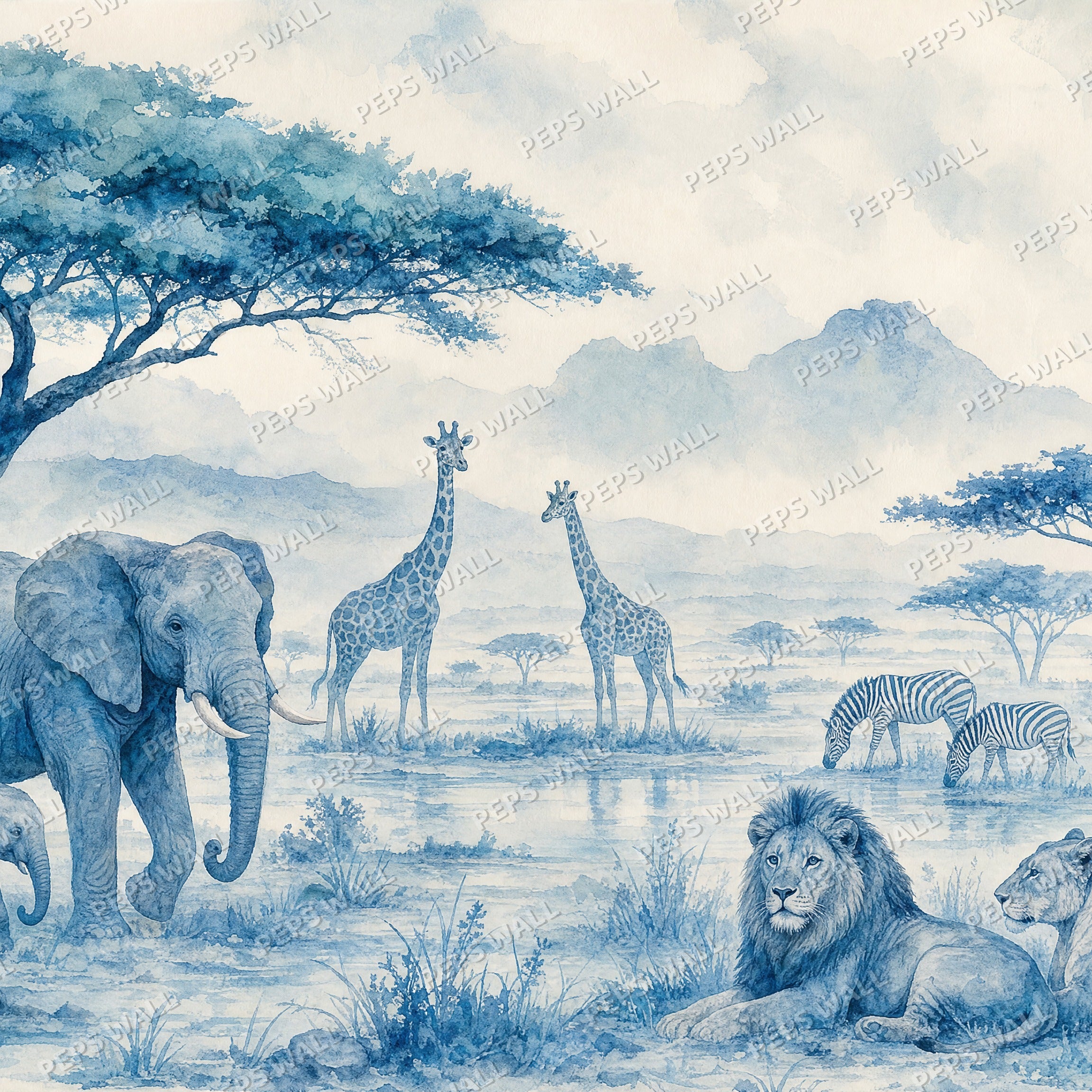 Blue Safari - Watercolor wallpaper design