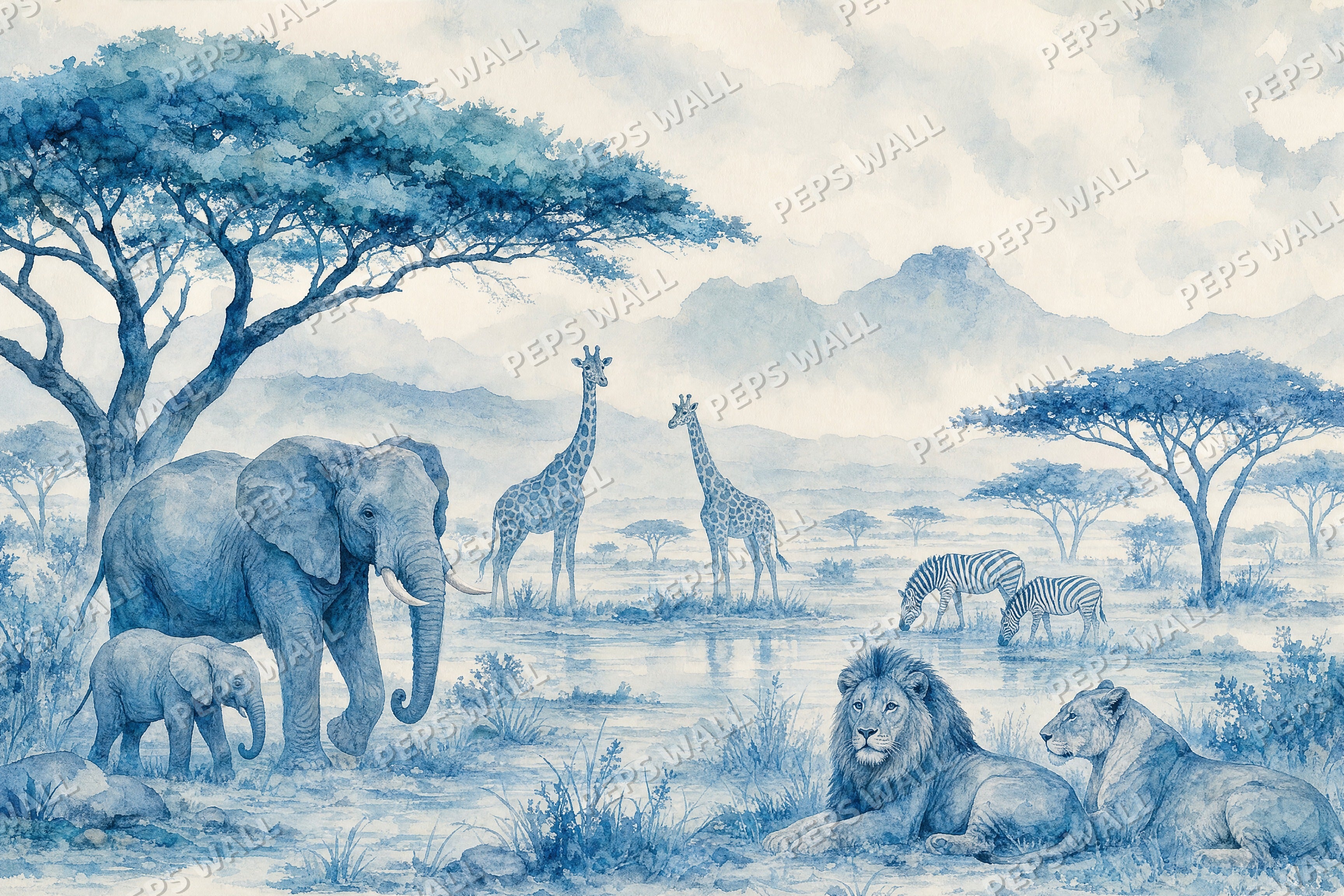 Blue Safari - Watercolor full wall mural design
