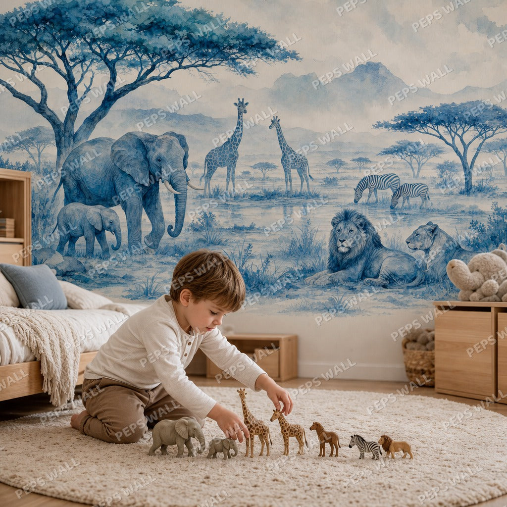 Blue Safari - Watercolor wallpaper mural — kids room mockup