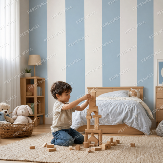 Blue Stripe Cabana kids room wallpaper - custom mural printed and installed in Dubai