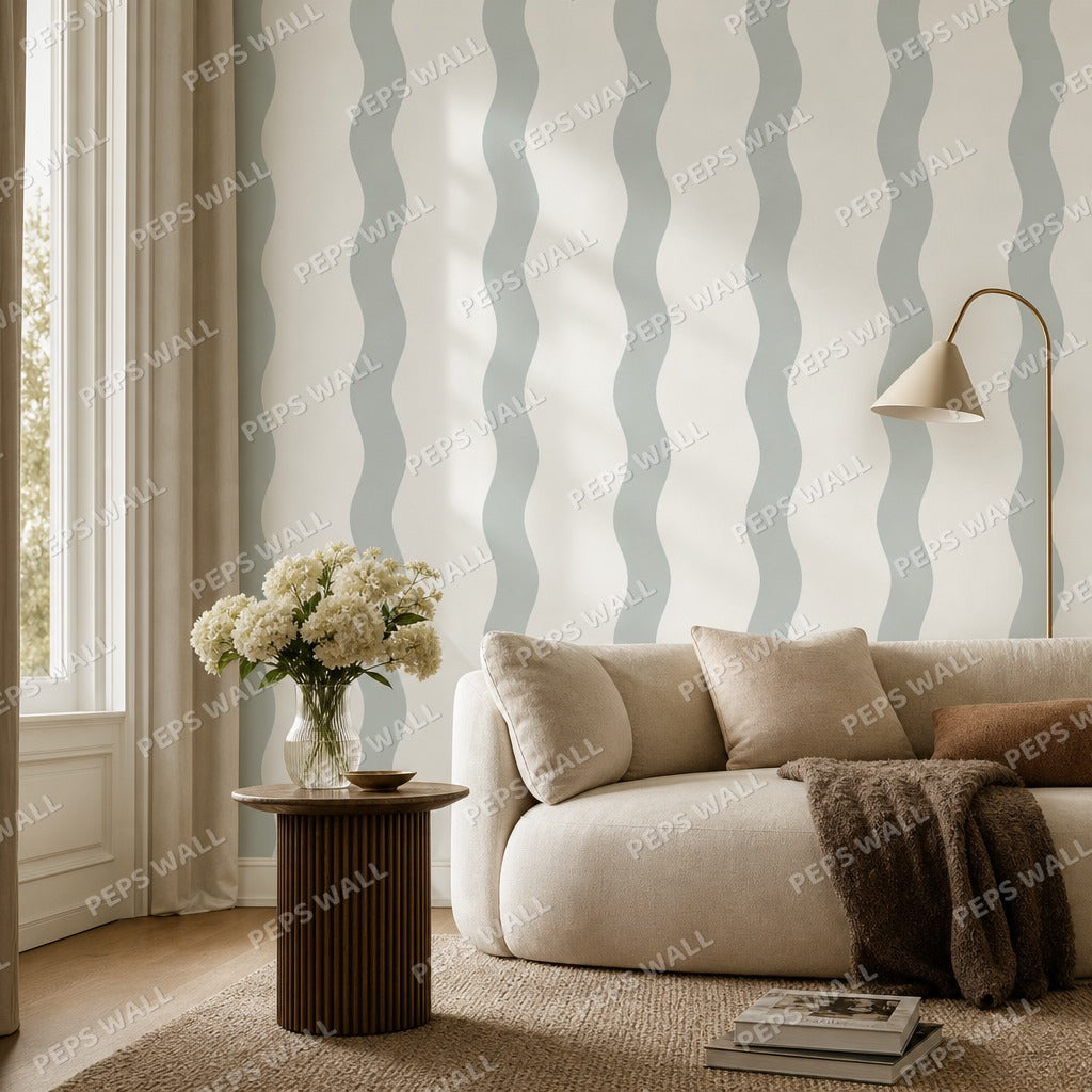 Blue Stripe Handdrawn - Sage wallpaper mural — living room mockup