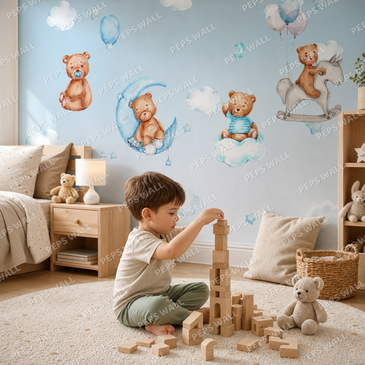 Blue Teddies kids room wallpaper - custom mural printed and installed in Dubai
