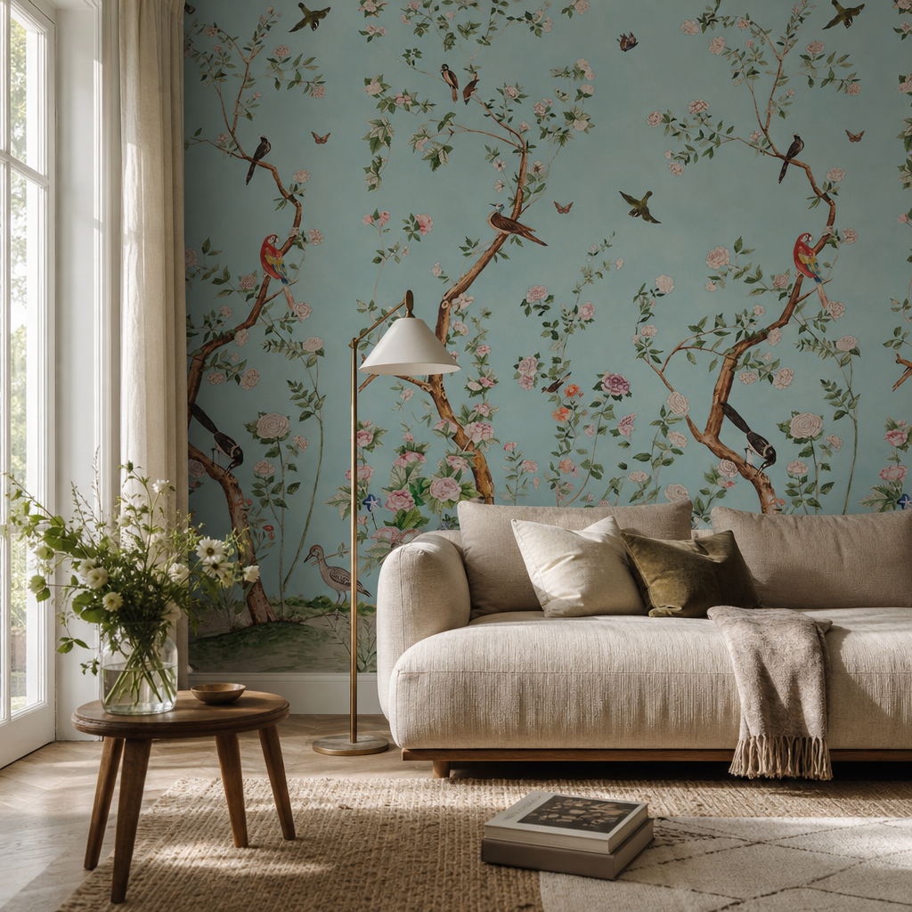 Blushy Chinoiserie living room wallpaper - custom mural printed and installed in Dubai