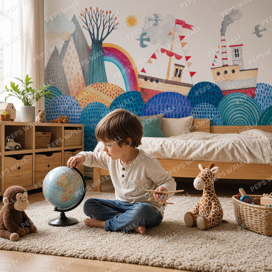 Boat adventure kids room wallpaper - custom mural printed and installed in Dubai